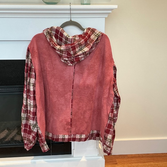 New POL Star Patch Plaid Flannel Long Sleeve Hooded Top Hoodie  Size Large - Picture 7 of 10